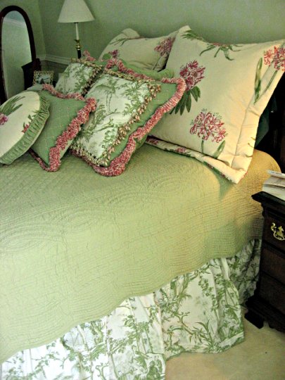 Custom designer fabric bedding treatment from Posh Surfside