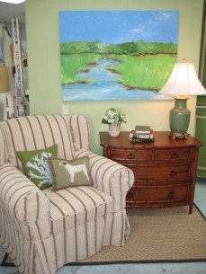 The Brighton Wing Chair Slipcovered in Velvet and Linen Stripe