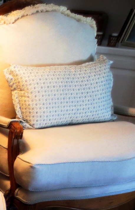 The recovered Bergere has new fringe and charming ticking stripe piping.